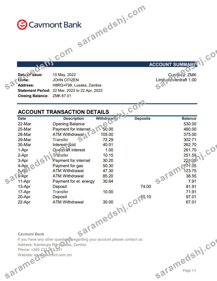 Zambia Cavmont Bank statement